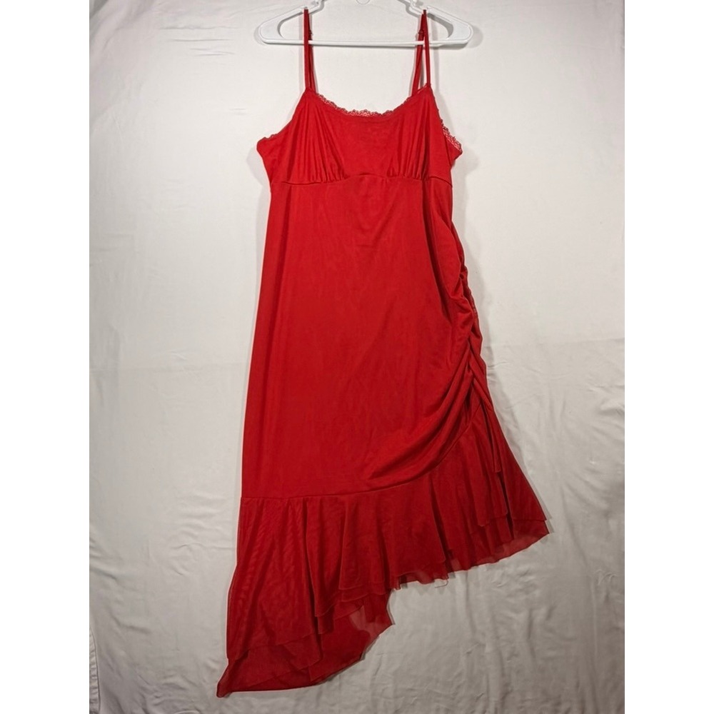 Wild Fable Asymmetrical Dress Women XL Red Excellent Lace Trim Ruched High-Low
